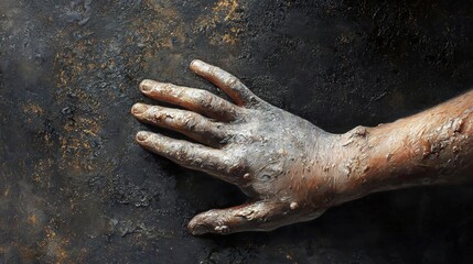 Fototapeta premium Close-up of a person's hand covered in mud or dirt. the hand appears to be dirty and covered in a thick layer of mud. the background is a dark, textured surface with a rough, uneven texture.