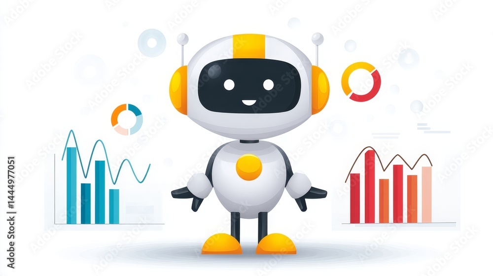 Poster data analysis robot and charts - friendly robot presenting data analysis charts, graphs and pie char