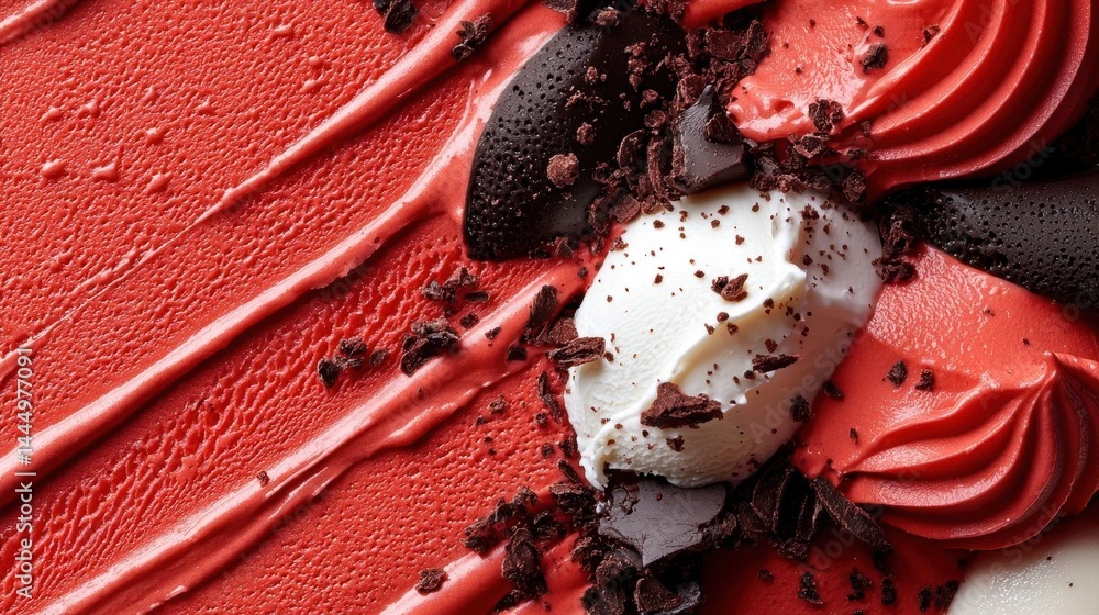 Poster close-up of a dessert with a scoop of vanilla ice cream on top. the ice cream is a deep red color an