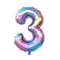 3d balloon letter 3 in holographic color secluded on a transparent surface
