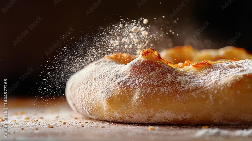Poster close-up of a freshly baked doughnut on a wooden surface. the doughnut is golden brown in color and 