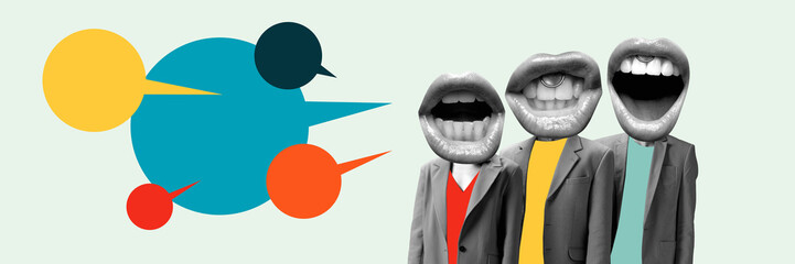 Banner. Unified Commentary. Creative art collage. Three talking heads stand near cluster of colorful speech bubbles representing convergence of opinions. Concept of communication, propaganda. © Lustre Art Group 