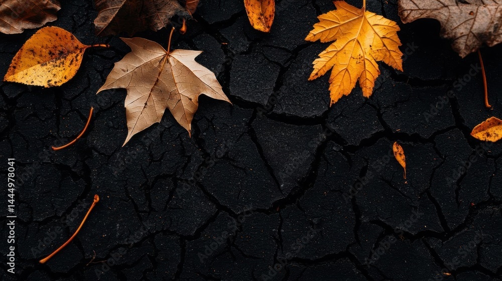 Poster close-up of a black surface with cracks and crevices. there are several autumn leaves scattered acro