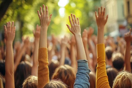 Crowd of people with raised hands at an outdoor event - Powered by Adobe