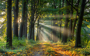 Naklejka premium Enchanted Forest Path with Sunbeams Filtering Through Tall Trees in Autumn, Creating a Serene and Magical Landscape