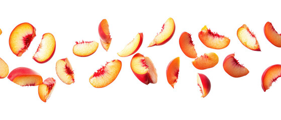 falling flying fresh peach slices isolated on a white background