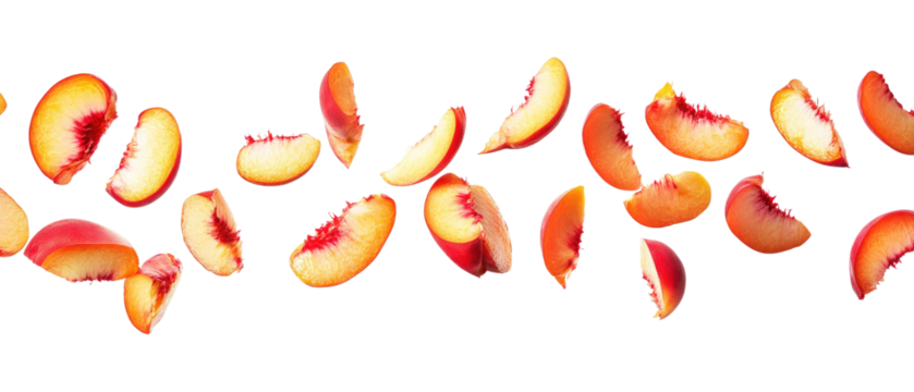 falling flying fresh peach slices isolated on a white background