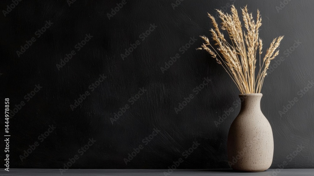 Poster vase with a bunch of dried grass in it. the vase is made of a light-colored material and has a round