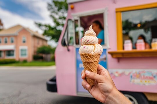 hand with ice cream in a cone, blurred ice cream truck in background
