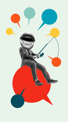 Modern artwork. Fishing for Attention. Businessman with huge talking mouth fishes while seated on...