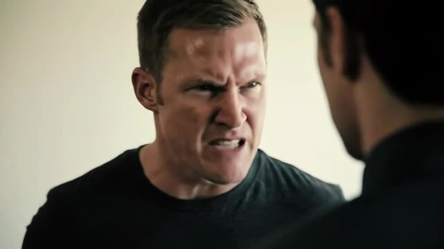 Intense close up of an angry man confronting another person face to face, showing furious expression during a tense argument or hostile disagreement, conveying conflict, aggression, stress, problems 
