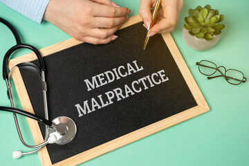 Medical malpractice concept. Healthcare provider's negligence or failure to meet standards causes harm or injury to a patient, leading to legal action. Notes with message