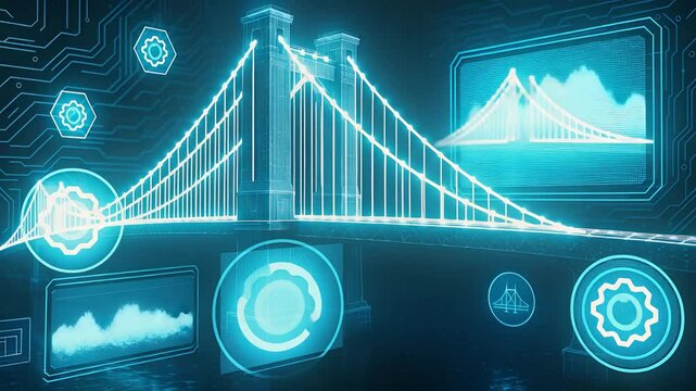Futuristic Suspension Bridge with Glowing Holographic Engineering Icons and Data Graphs Representing Smart Infrastructure Design

