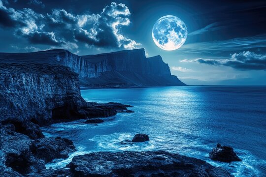 Moonlit coastal scene with dramatic cliffs and waves  Dark, dramatic  ocean shore with large rocks and a full moon  Clouds cover a section of the sky