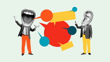 Creative art design. Voice Meets Ear. One figure with giant mouth shouts to another with large ear head while speech bursts fill space. Concept of communication, propaganda, opinion, journalism.
