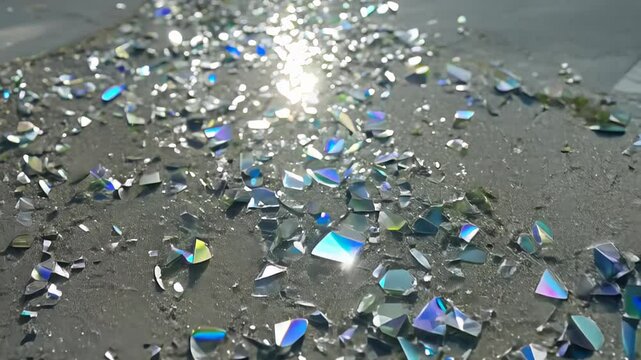 Broken compact discs fragmenting across asphalt surface, reflecting bright sunlight with iridescent shards sparkling against gritty urban texture