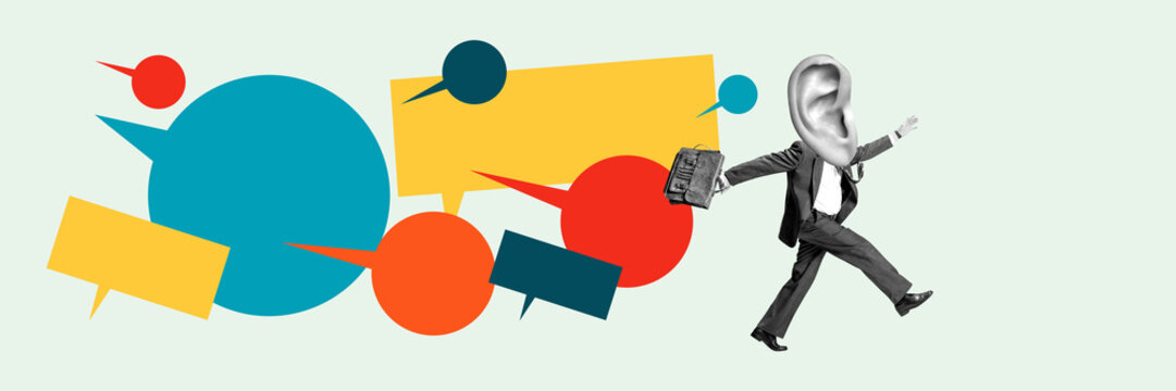 Banner. Escape Noise. Creative art collage. Businessman with ear for head runs away from overwhelming mass of dialogue bubbles. Concept of communication, propaganda, opinion, journalism.