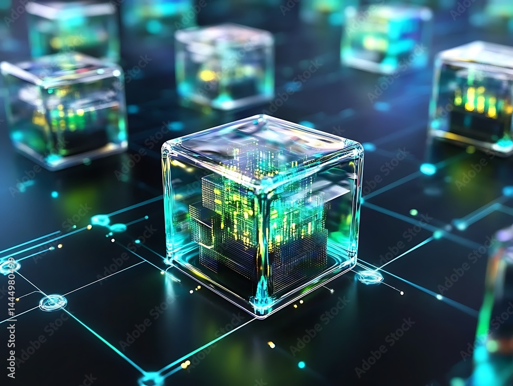 Poster abstract network of transparent cubes representing data and connections