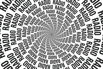 The word radio in a spiral. Abstract background for the world radio day. Radio waves in a circle from the center.