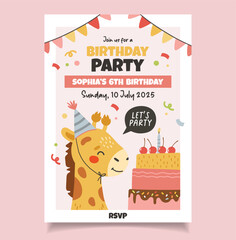 Birthday party Invitation, Birthday animals collection, cake, gifts, giraffe, girl party invitation