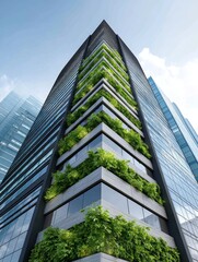 Obraz premium Eco-Friendly Modern Skyscraper - A modern skyscraper with integrated green spaces, showcasing sustainable architecture and urban design