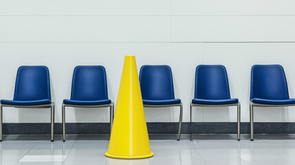 Bright yellow cone stands out in waiting area