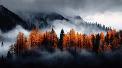 Landscape photograph of a mountain range covered in fog. the sky is filled with dark clouds and the mountains are shrouded in a thick layer of fog.