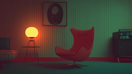 A retro decorated room with modern furniture and lighting features