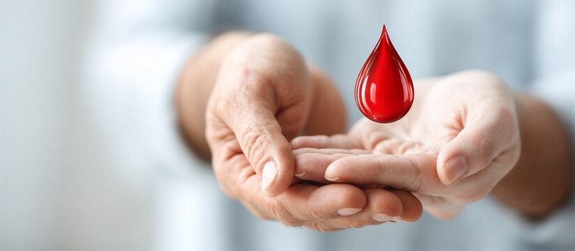 Hands holding a red drop of blood promoting charity and donations  