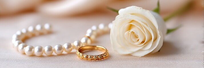 Elegant Pearl Bracelet and Gold Ring with Rose - Delicate pearl bracelet, gold ring, and white rose symbolize elegance, love, purity, commitment, and luxury