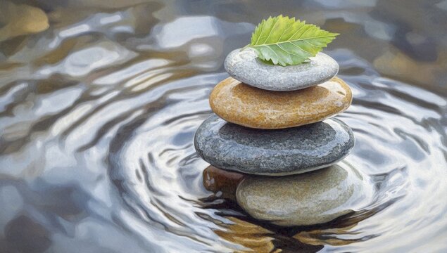 Stacked stones on water with a leaf