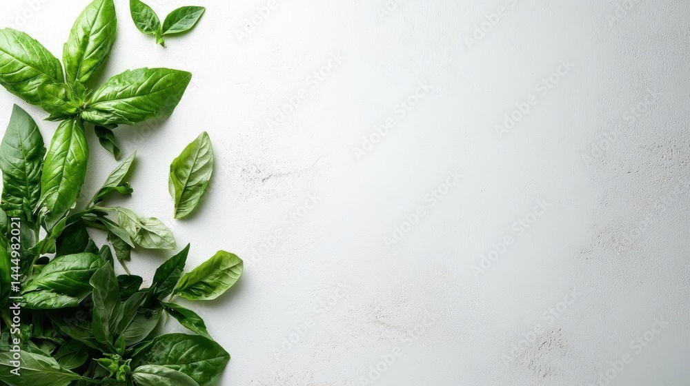 Poster flat lay of a bunch of fresh green basil leaves on a white background. the leaves are arranged in a 