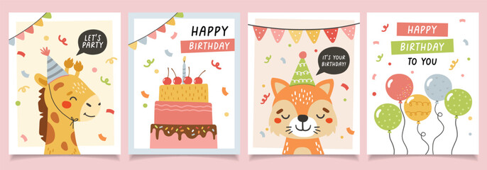 Birthday animals collection, cake, gifts, animals. Birthday party. Invitation, greeting card