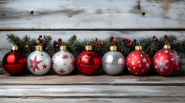 Holiday-themed baubles arranged in festive colors with red, white, and silver designs on rustic wooden background