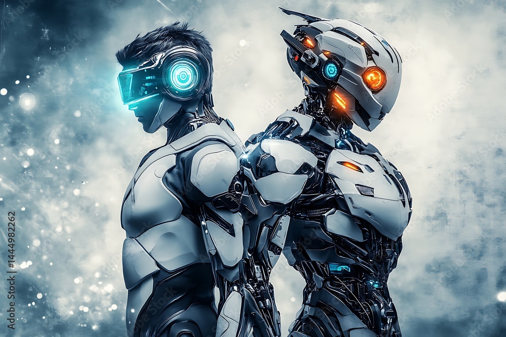 Aufkleber futuristic robots: a powerful duo of androids in a cosmic setting