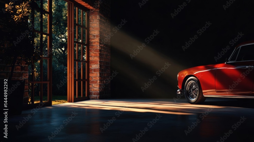 Poster red vintage car parked in a dark room with a brick wall on the left side and a large window on the r