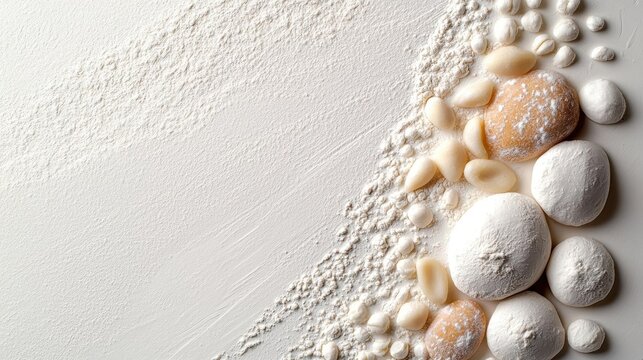 Group of small, round objects scattered on a white surface. the objects appear to be made of a light-colored material, possibly flour or sugar, and are of different sizes and shapes.