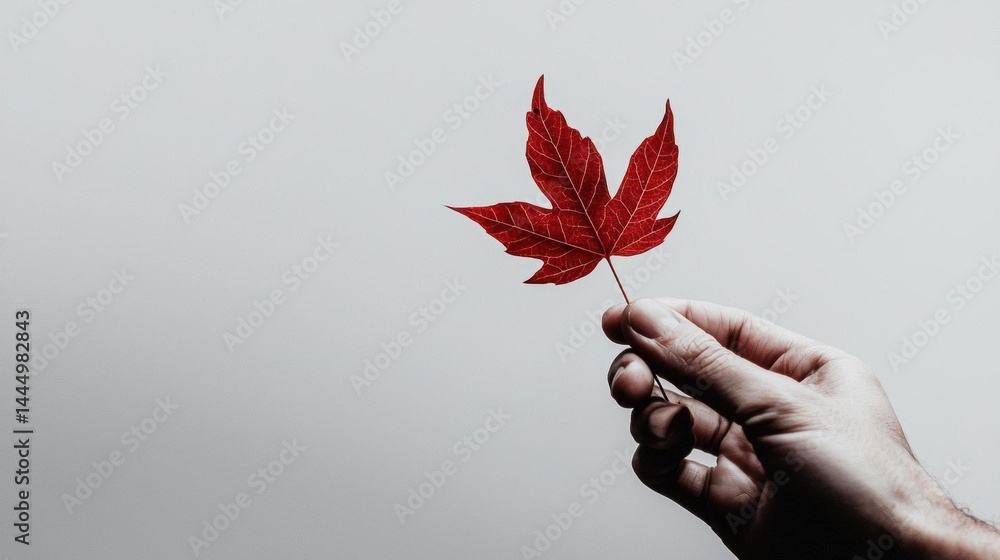 Poster close-up of a hand holding a single red maple leaf. the hand is positioned in a way that the fingers