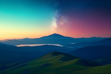 Serene Sunset over Mountain Range with Milky Way Galaxy Night Sky Scenic View