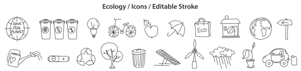 Set of Ecology icons in doodle style, line design, editable stroke, vector illustration