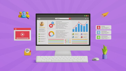 Business data analytics graph dashboard, automation technology. Dashboard of sales data, marketing and statistics report. KPI insights, CRM on computer. 3D illustration