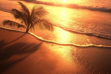 Golden sunset over a tropical beach with a lone palm tree  Soft waves caress the shore  Warm colors paint the sky and sand