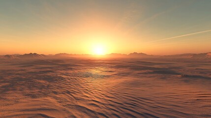 Realistic desert horizon sunrise featuring long shadows over fine sand ripples and subtle hues of orange and gold emulating high resolution photography