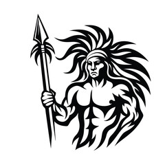Monochrome Native American Warrior with Spear, Traditional Headdress, and Muscular Build