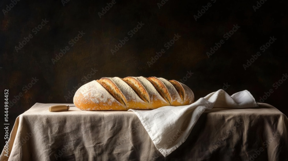Aufkleber loaf of bread on a beige tablecloth. the bread is freshly baked and has a golden brown crust on top.