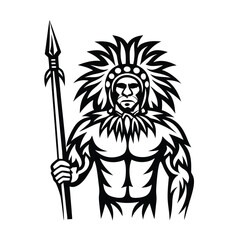 Silhouette of Native American Warrior Holding Spear in Traditional Headdress