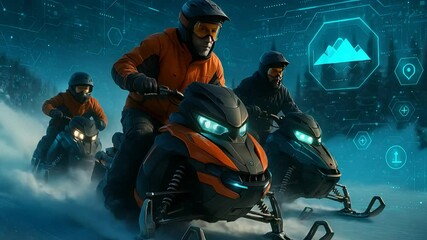 Snowmobile Riders in Winter Landscape with Glowing Navigation Icons Representing Futuristic Outdoor Tracking and Adventure Technology

