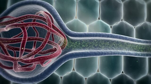 3D animation of glomerular filtration process, nephron anatomy, urine formation, medical video for kidney disease, urinary system diseases.