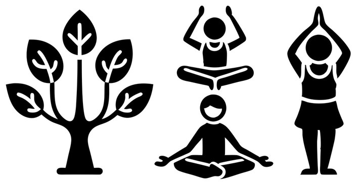 Silhouette set of people in yoga poses and meditation positions. Calm individuals practicing mindfulness, seated and standing meditative postures in peaceful wellness routine.

