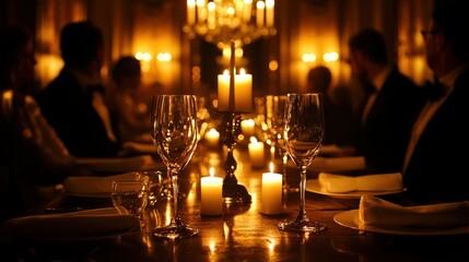 An elegant candlelit dinner with people gathered at a table